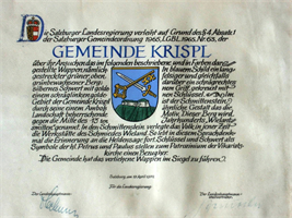 Verleihungsurkunde des Wappens der Gemeinde Krispl
